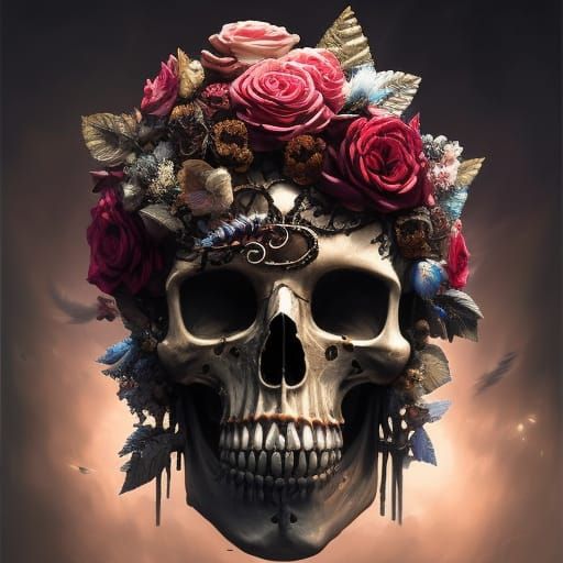 Tree Skull Punk Rocker with Roses: Hyper-Detailed Art