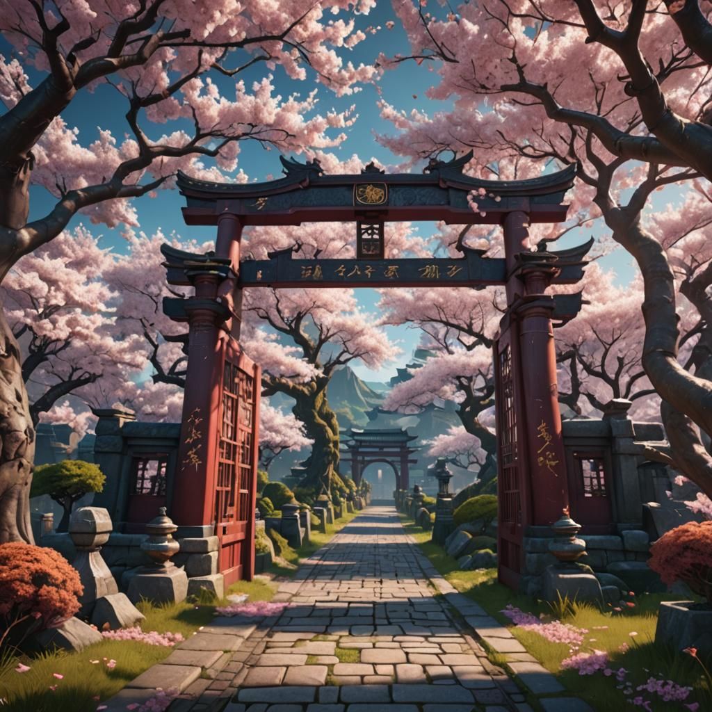 Torii Gate to Cherry Tree Garden in Matte Painting Style