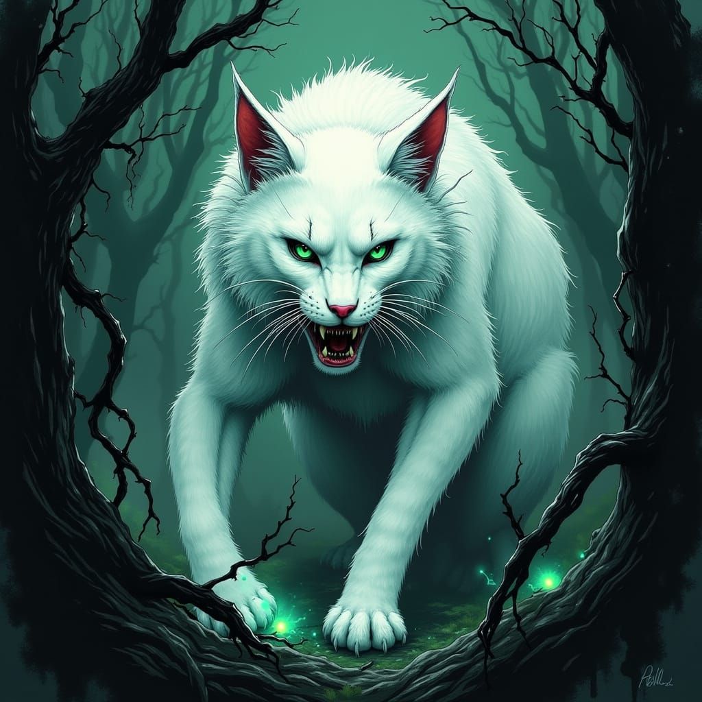 Majestic Malevolent White Cat in Dark Mystical Forest
