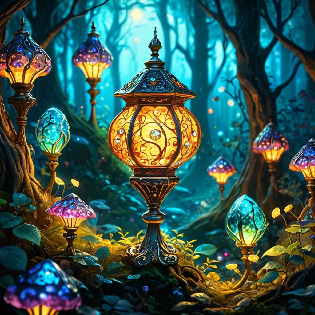 Bioluminescent Gemstone Lamp in Mystical Forest