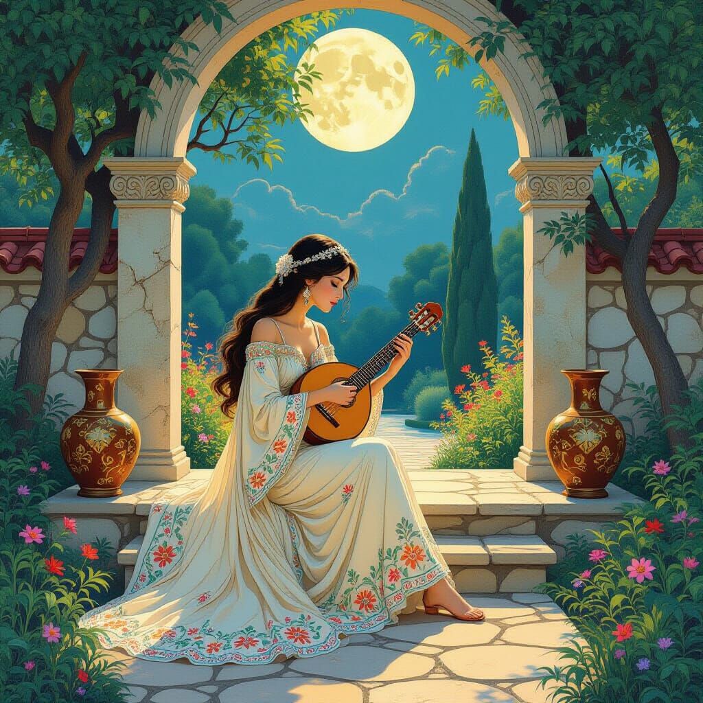 Woman in Garden Playing Music in Art Nouveau Style