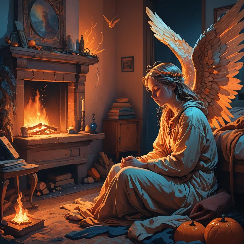 Angel Watching Over Sleeping Child in Surreal Style