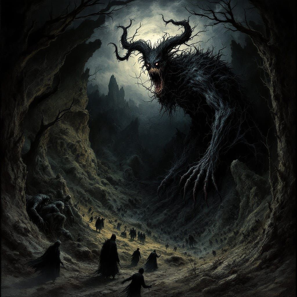 Dark Fantasy Landscape with Twisted Creations and Malevolent...