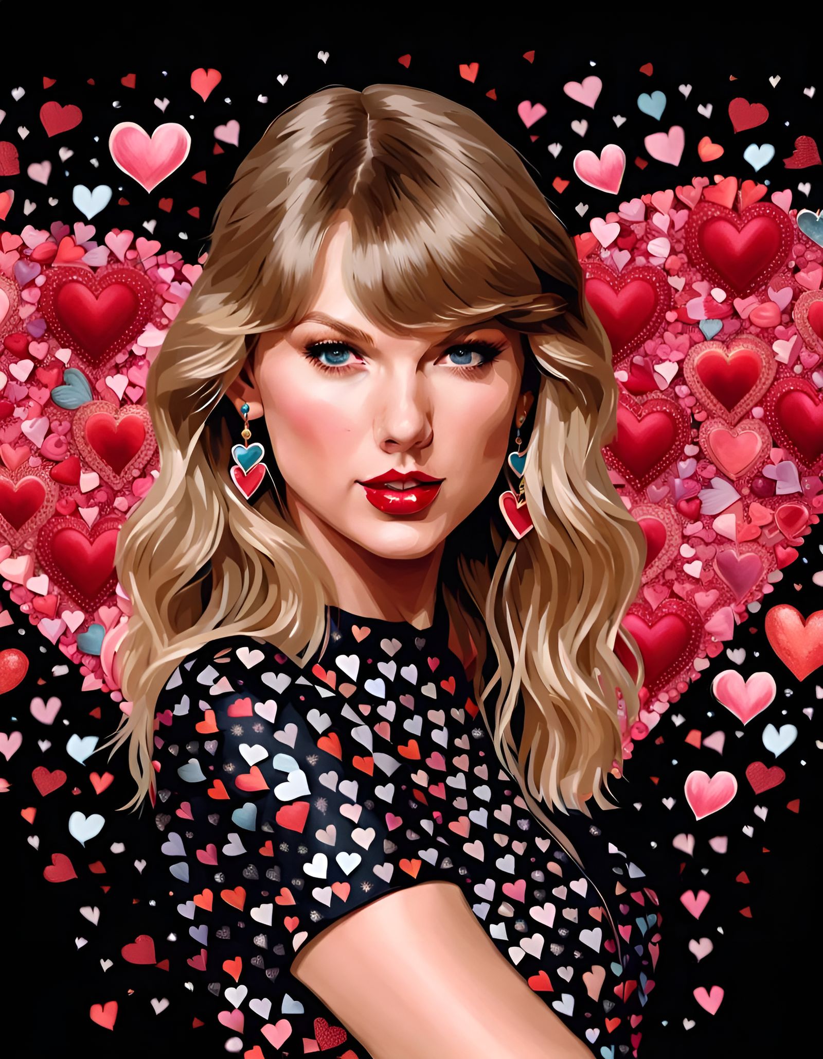 Taylor Swift Portrait with Hearts on Black