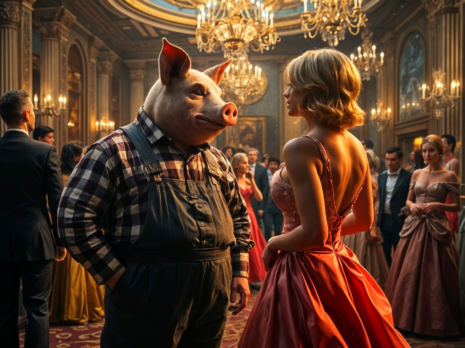 Ballroom Scene with Pig-Headed Man Gazing