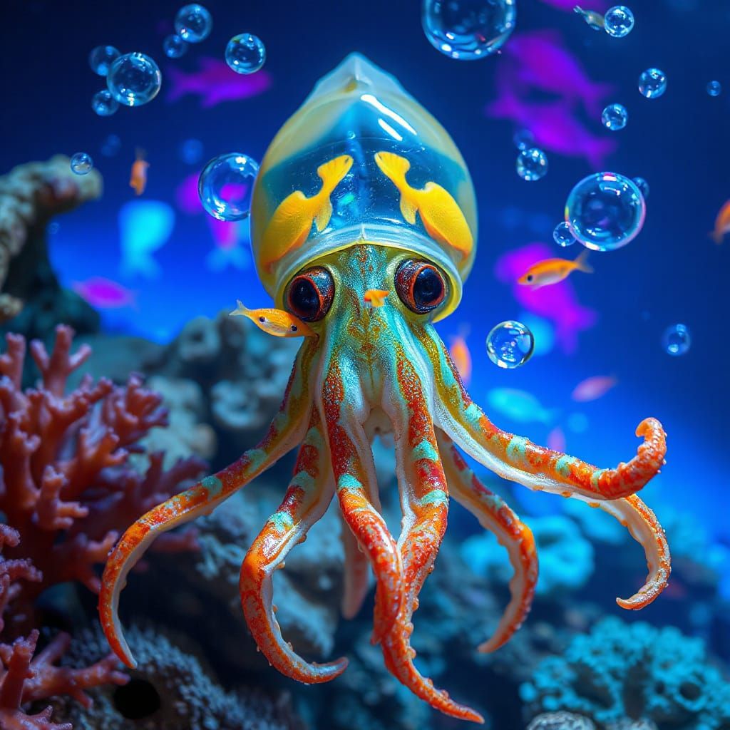 Surreal Squid with Aquarium Head in Dreamlike Gallery Ocean