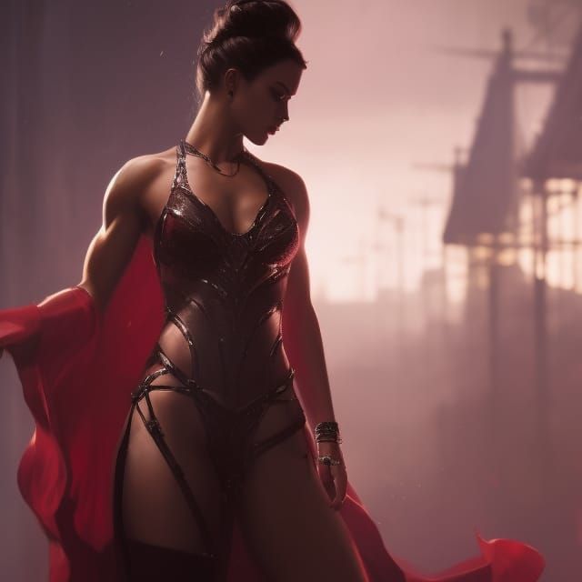 Muscular Woman in Gown: Dark Sci-Fi Concept Art