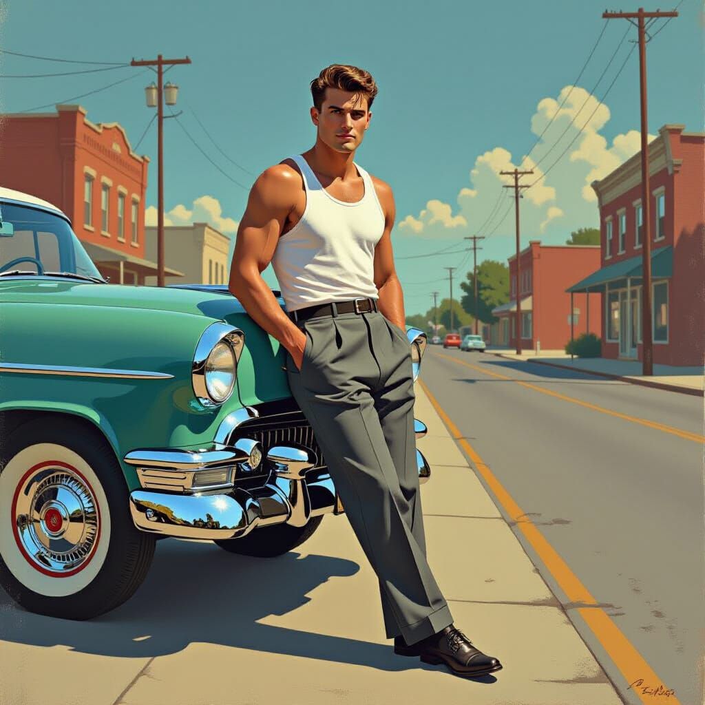 Man in 1950s Outfit with Car, Realistic Style