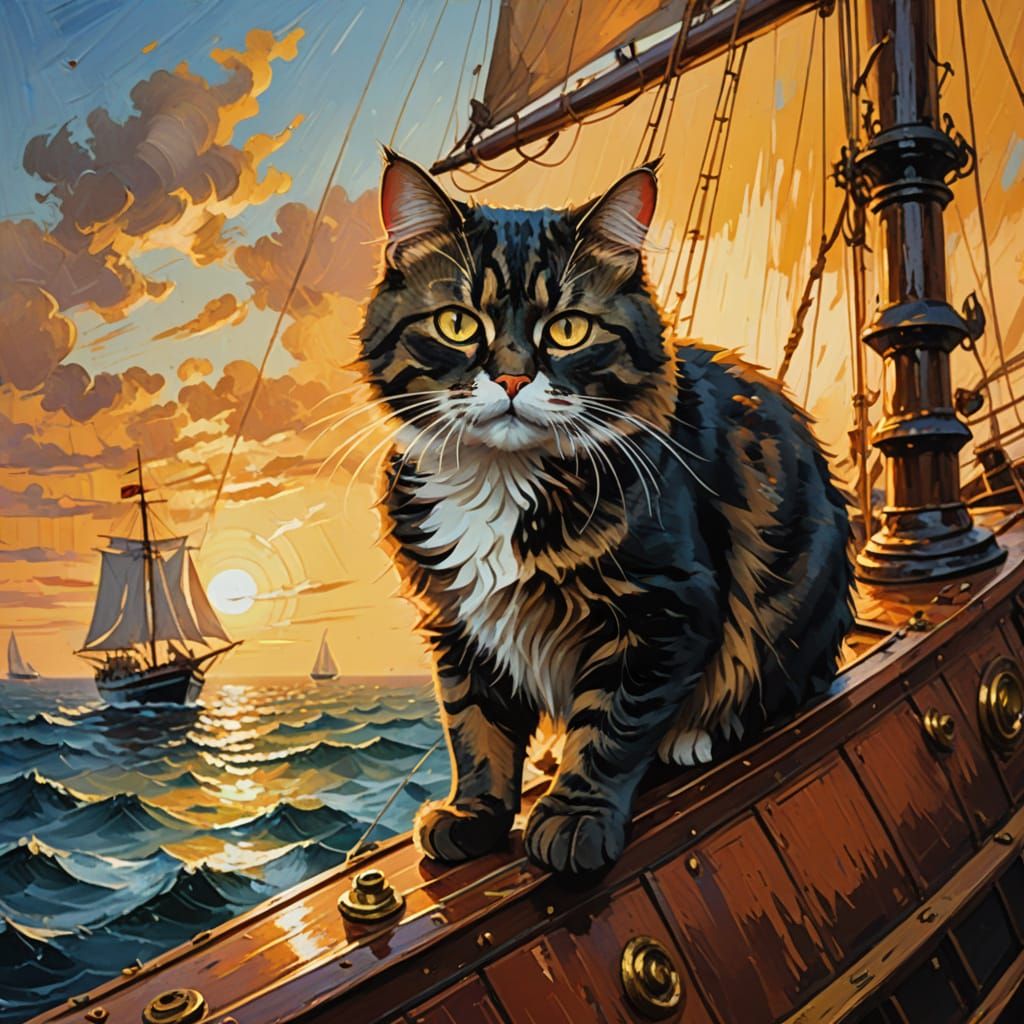 Impressionist Cat Prowls Sailing Ship in Gouache Style