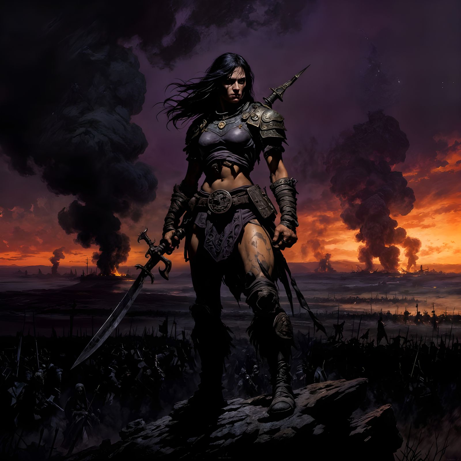 Warrior Woman on Precipice Overlooking Shadowed Battlefield