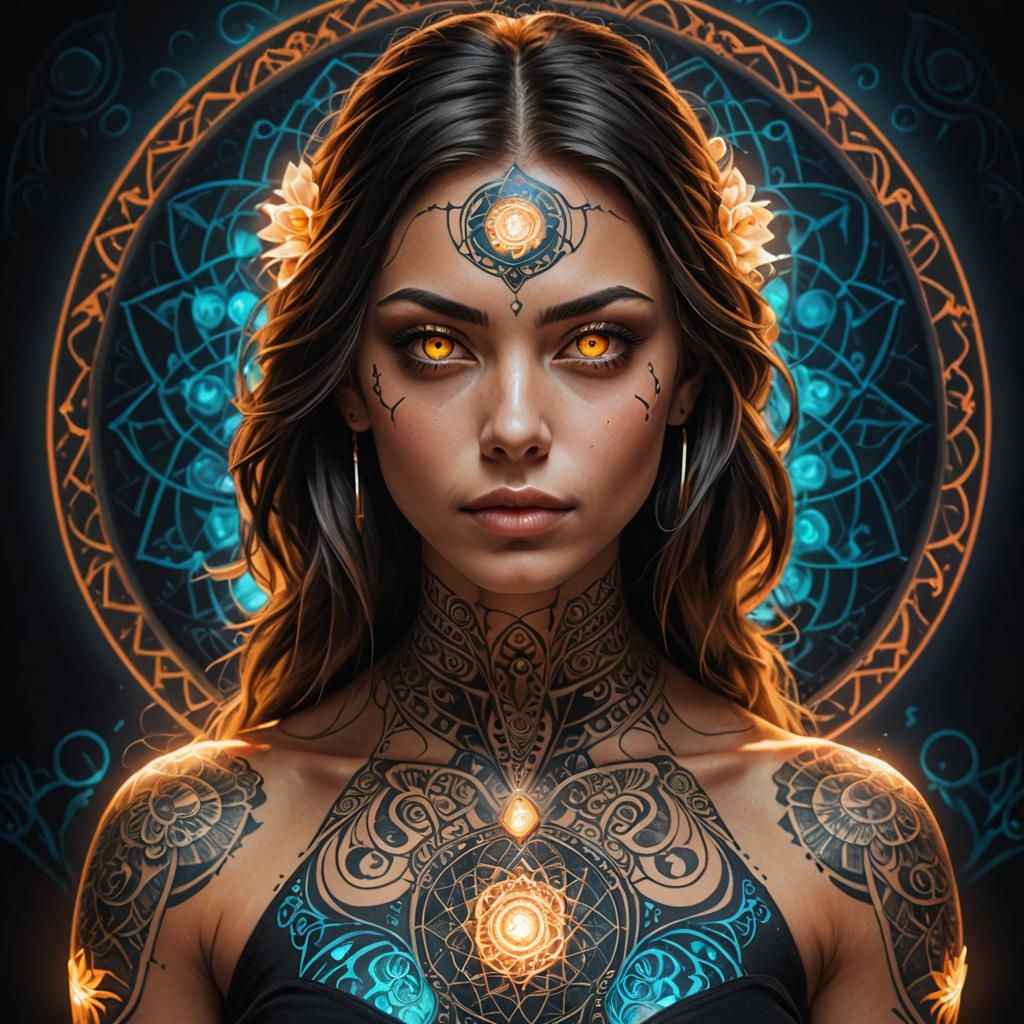 Woman with Glowing Occult Tattoos in Temple