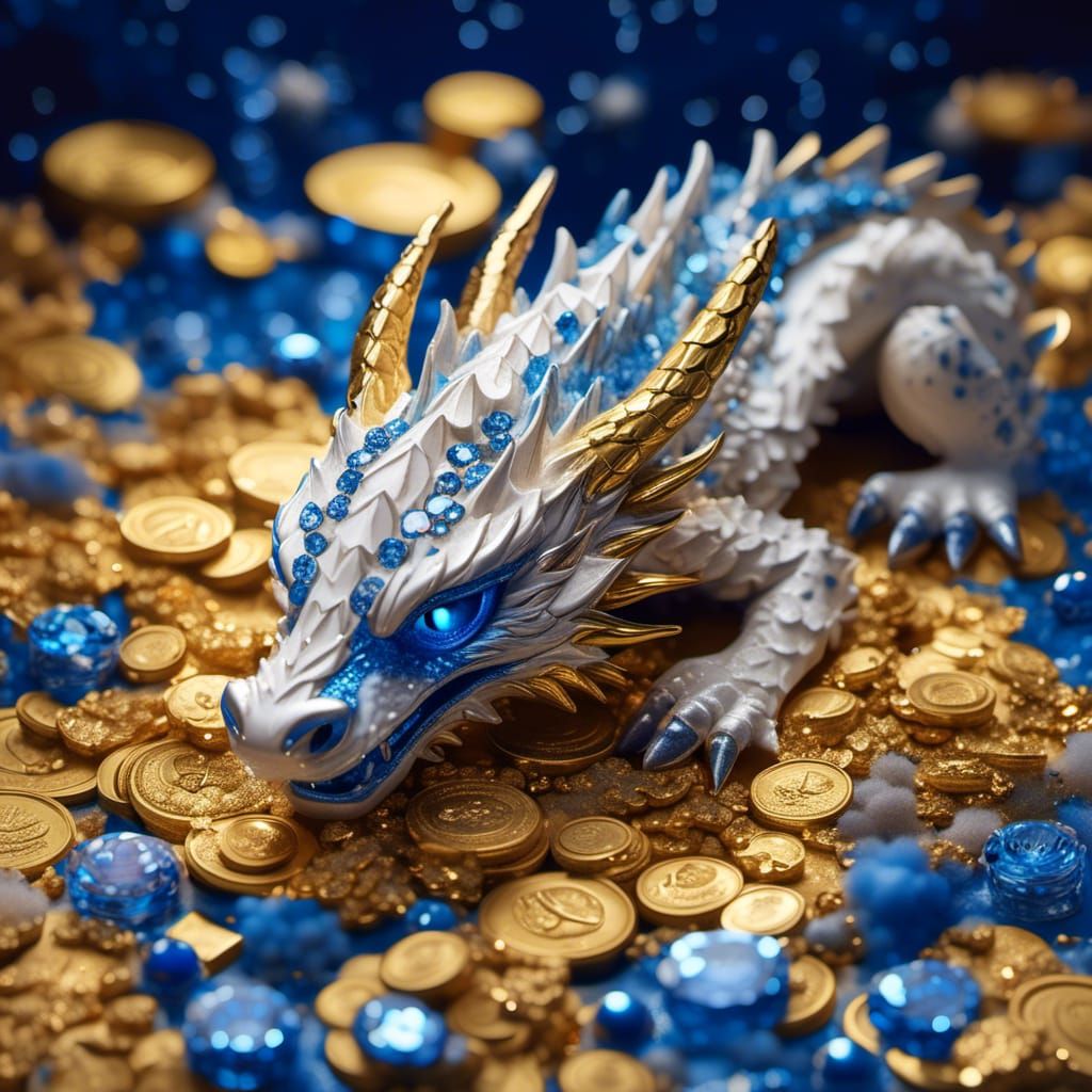 Juvenile dragon, white and blue, laying down in a bed of gold, diamonds, coins <lora:NC Hyperreal:1.0> Hyperrealistic