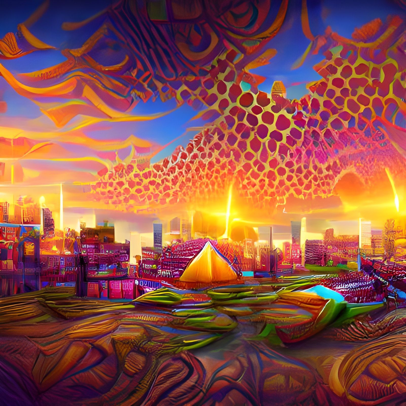 Psychedelic Sunset Over Futuristic Cityscape