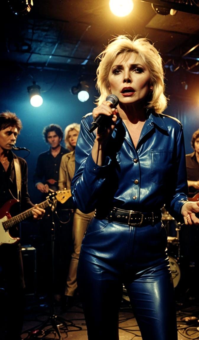 Hyperrealistic Woman Singing Onstage in Film Still