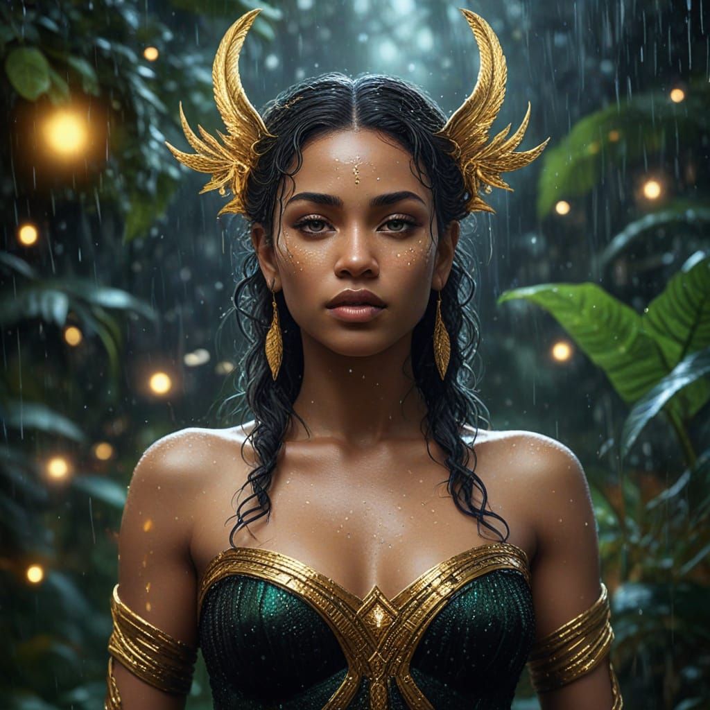 Goddess Nemesis in Starry Rainforest: Oil Painting