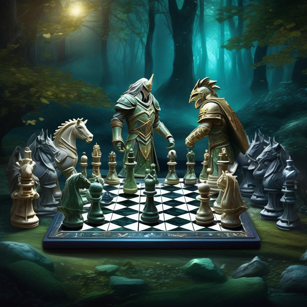 Enchanted Chess Game with Living Pieces in Forest