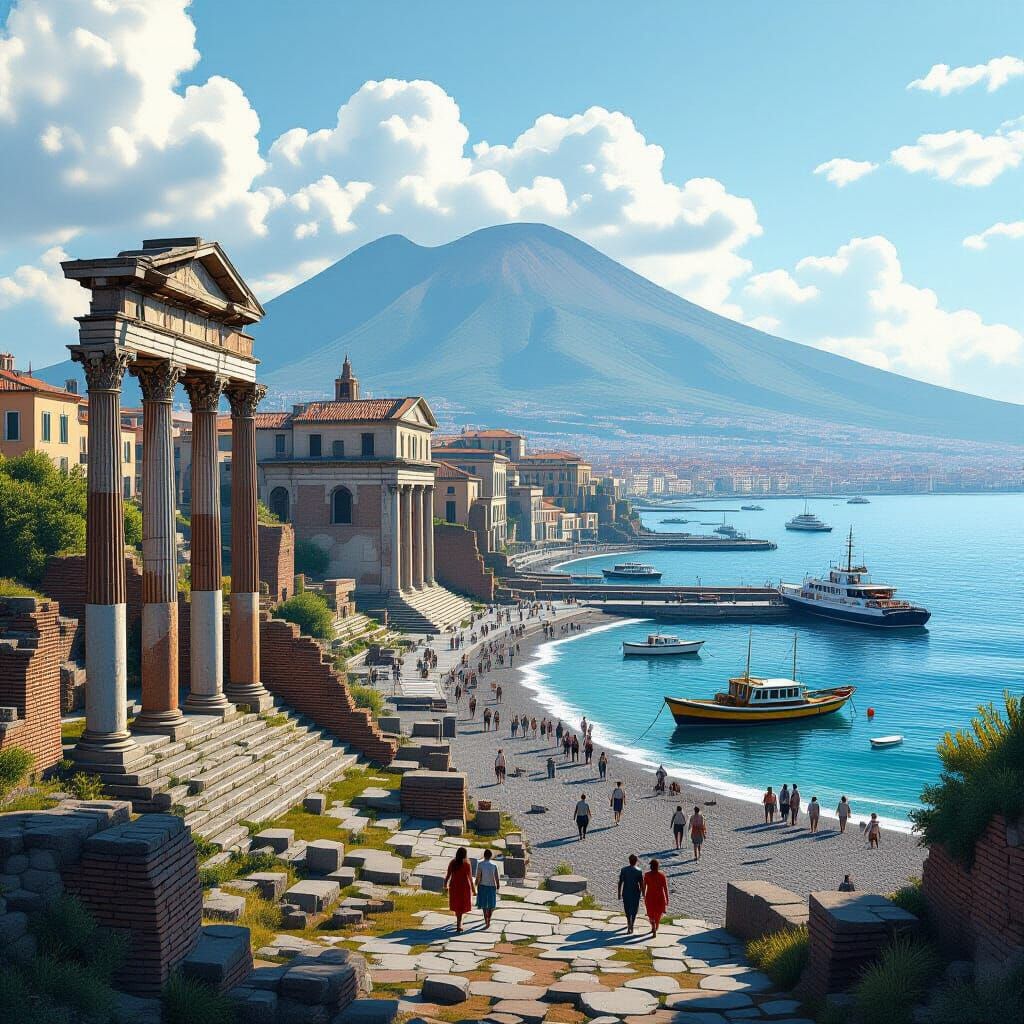Naples Coast: Roman Ruins and Vesuvius in Realism Style