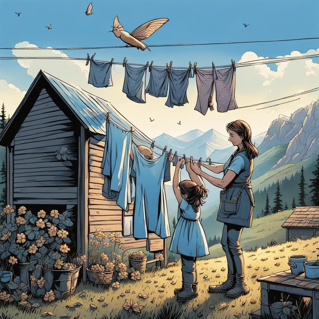 Swedish Mother and Daughter in Spring, Comic Book Art