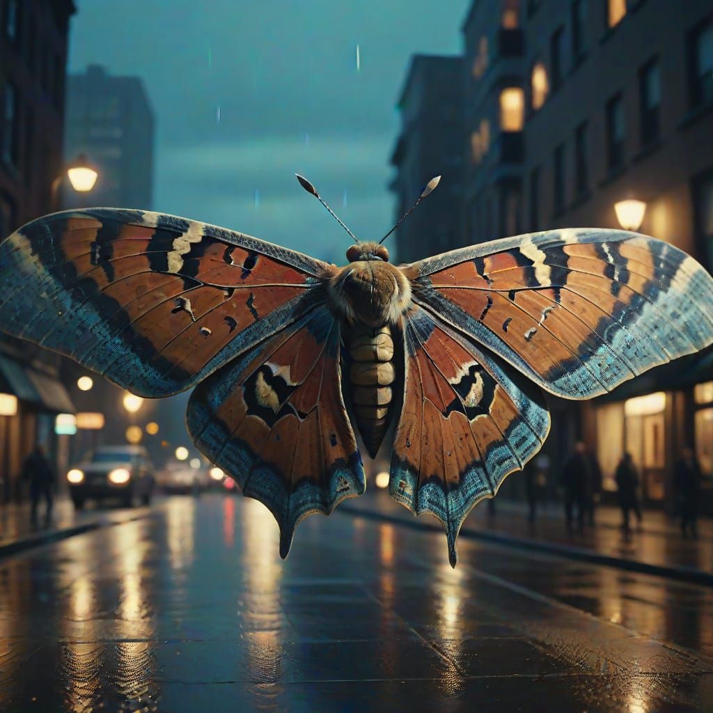 Giant Moth in Noir Style Cityscape