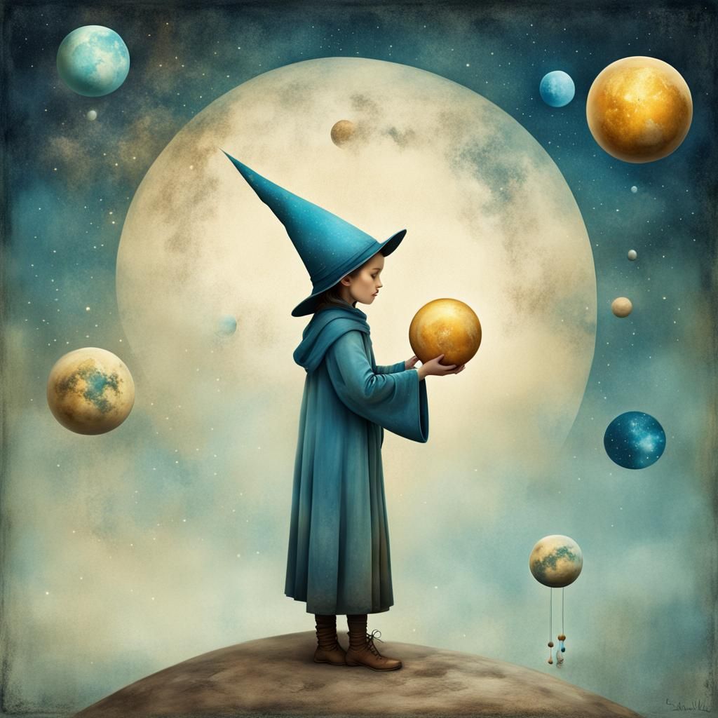 Wizard Juggling Planets in Dreamy Surreal Style