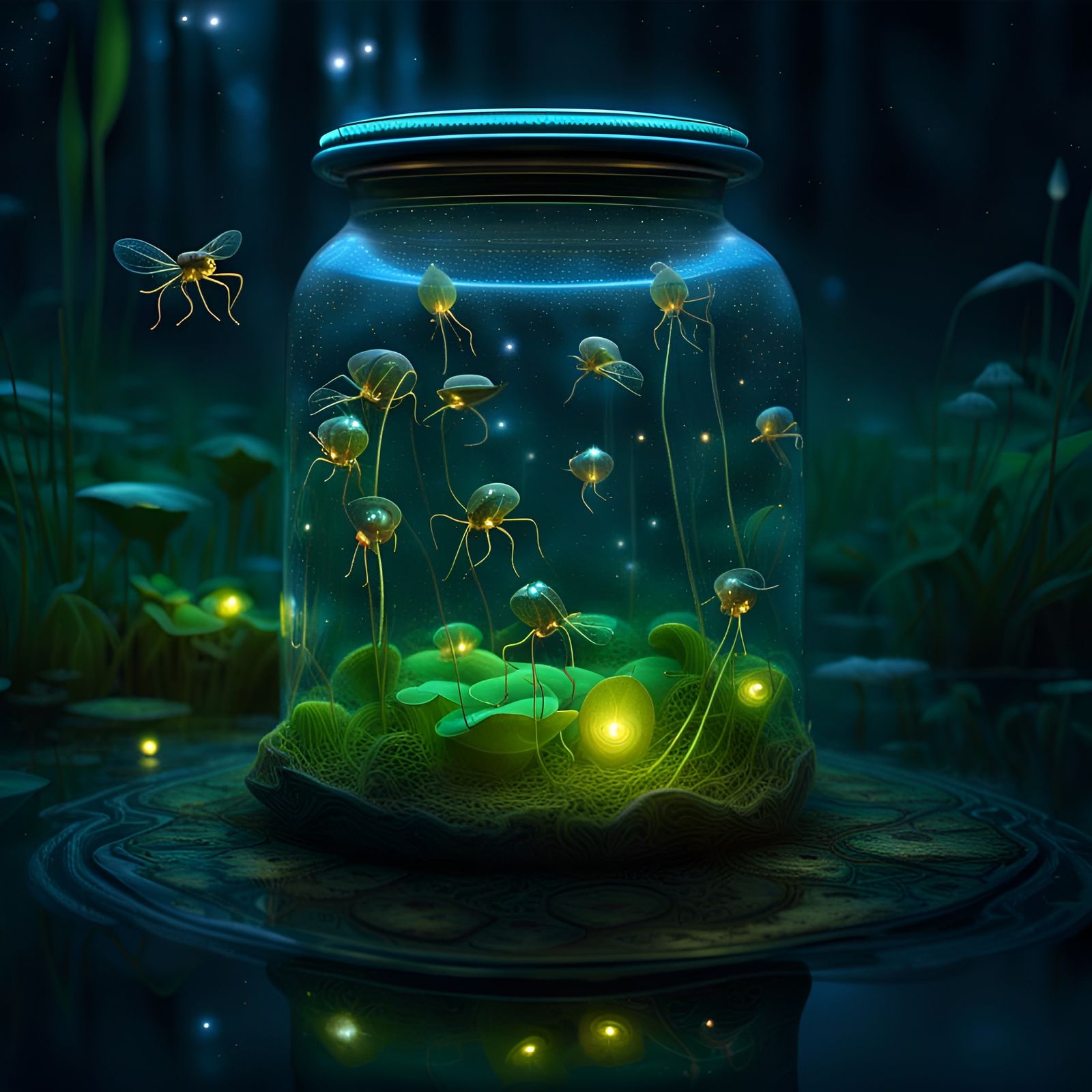 Fireflies in Glass Jar: A Luminous Swamp Scene