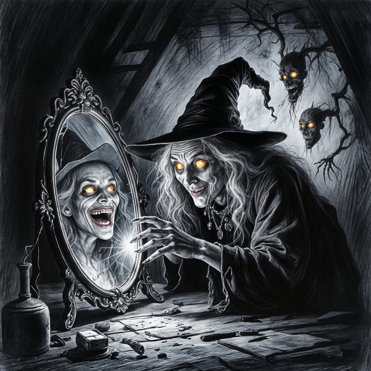 Witch Gazes Into Cracked Mirror Reflecting Monsters