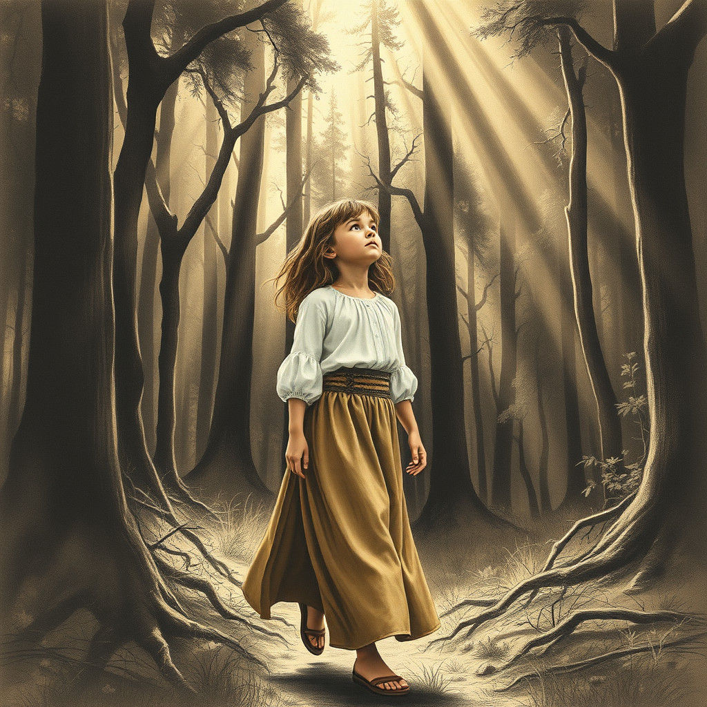 Girl in Forest: Charcoal Drawing in Palmer Style