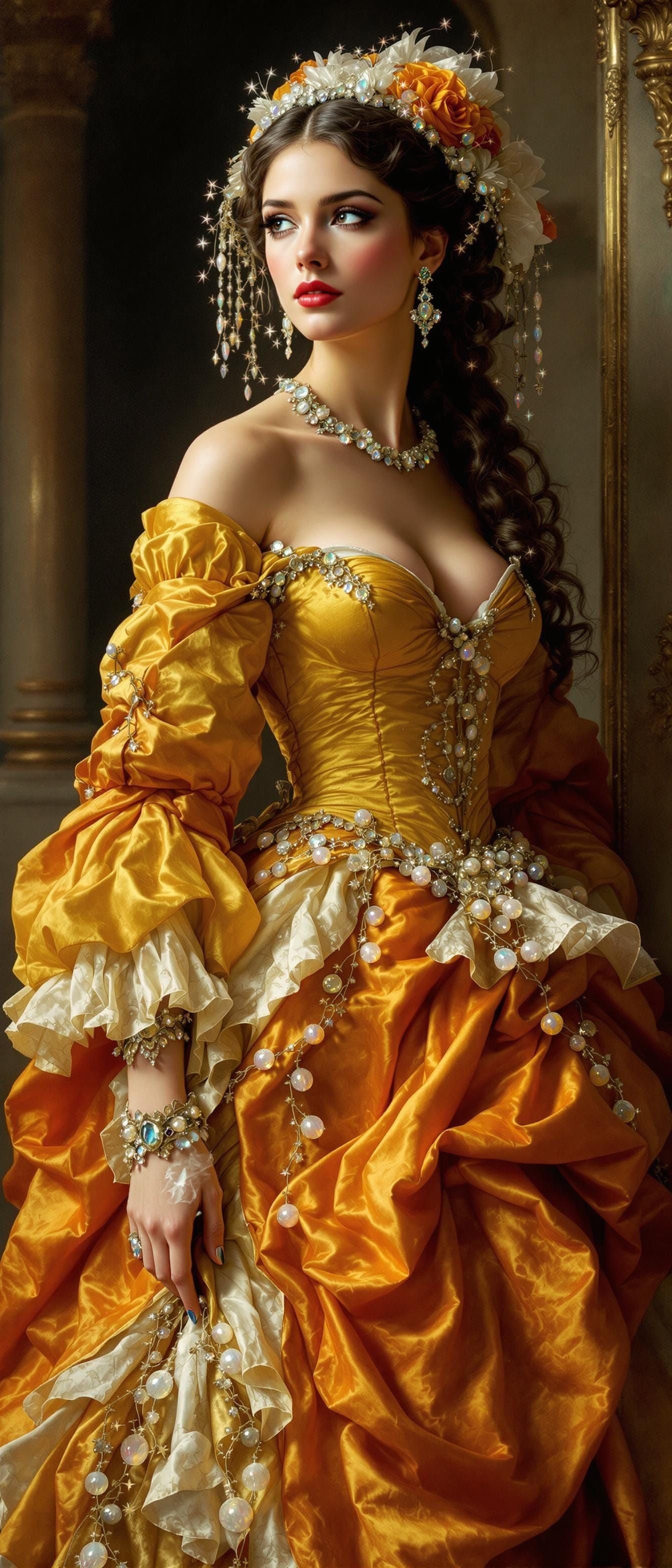 Regency Lady Portrait in Opulent Yellow and Orange Gown
