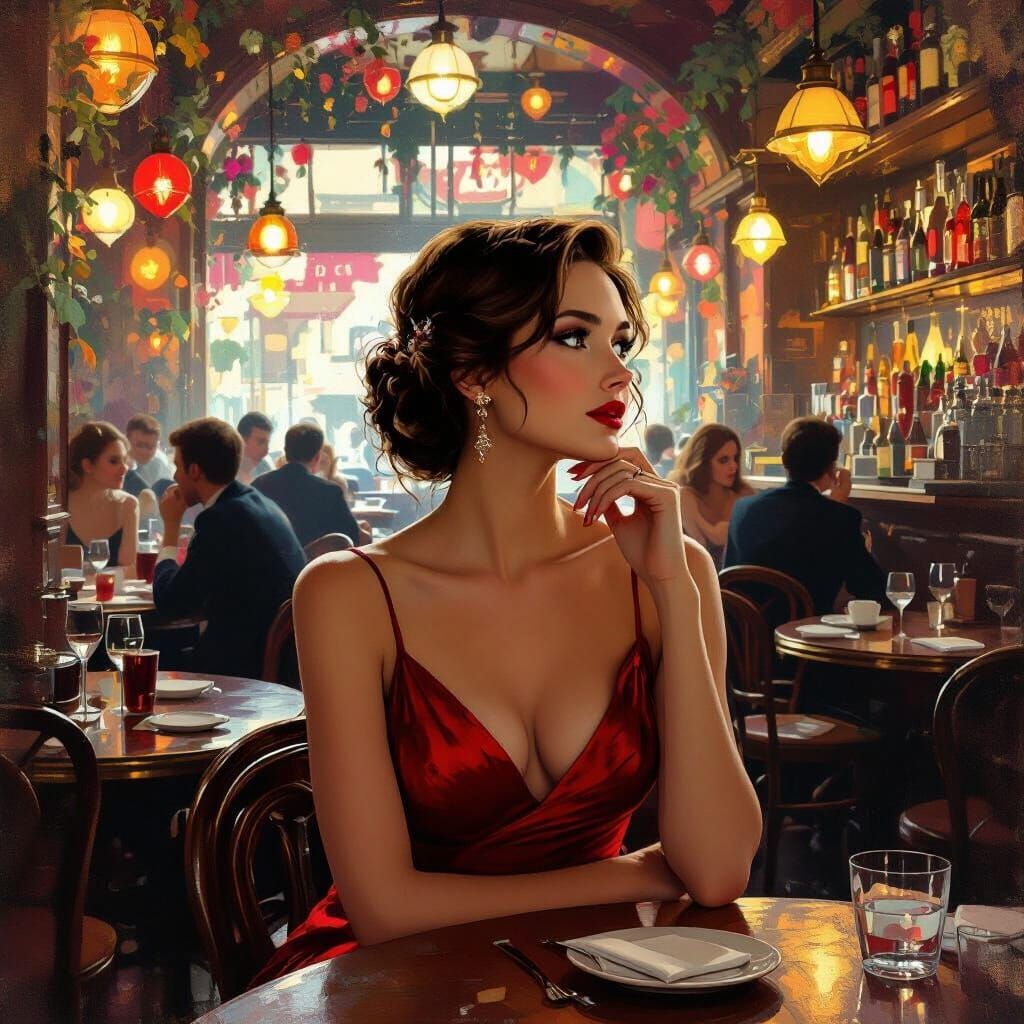 Woman in Red Dress at Restaurant, Dreamlike Matte Painting