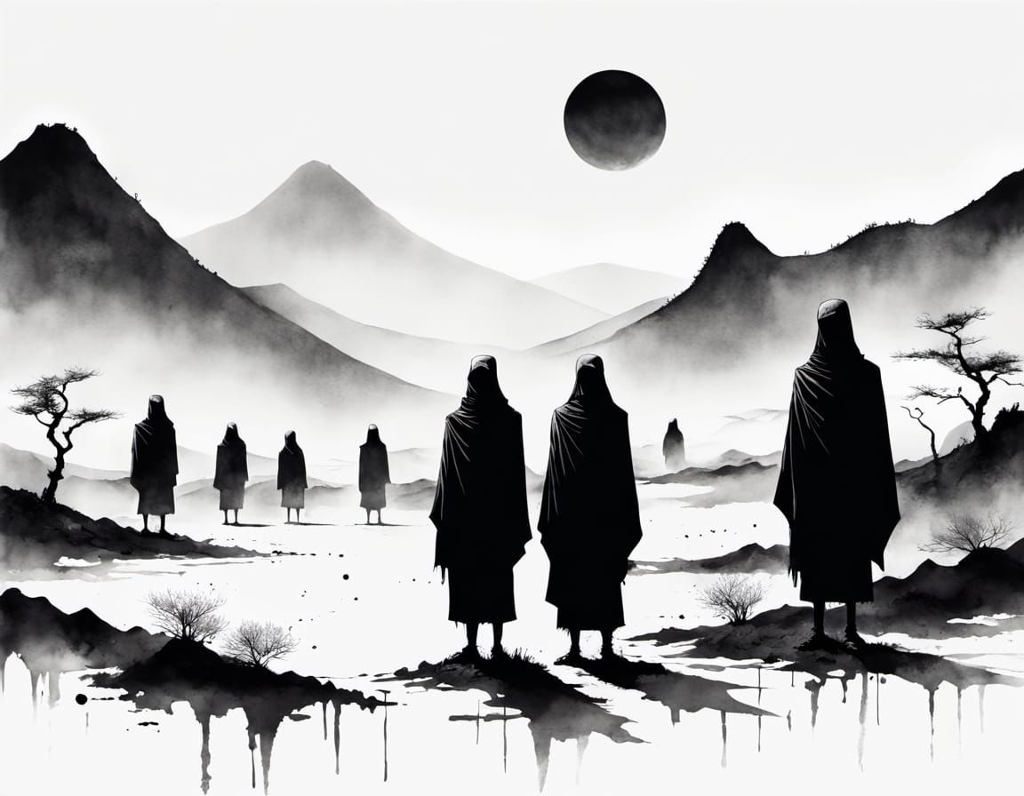 Creepy Mannequins in Monochrome Sumi-e Wasteland