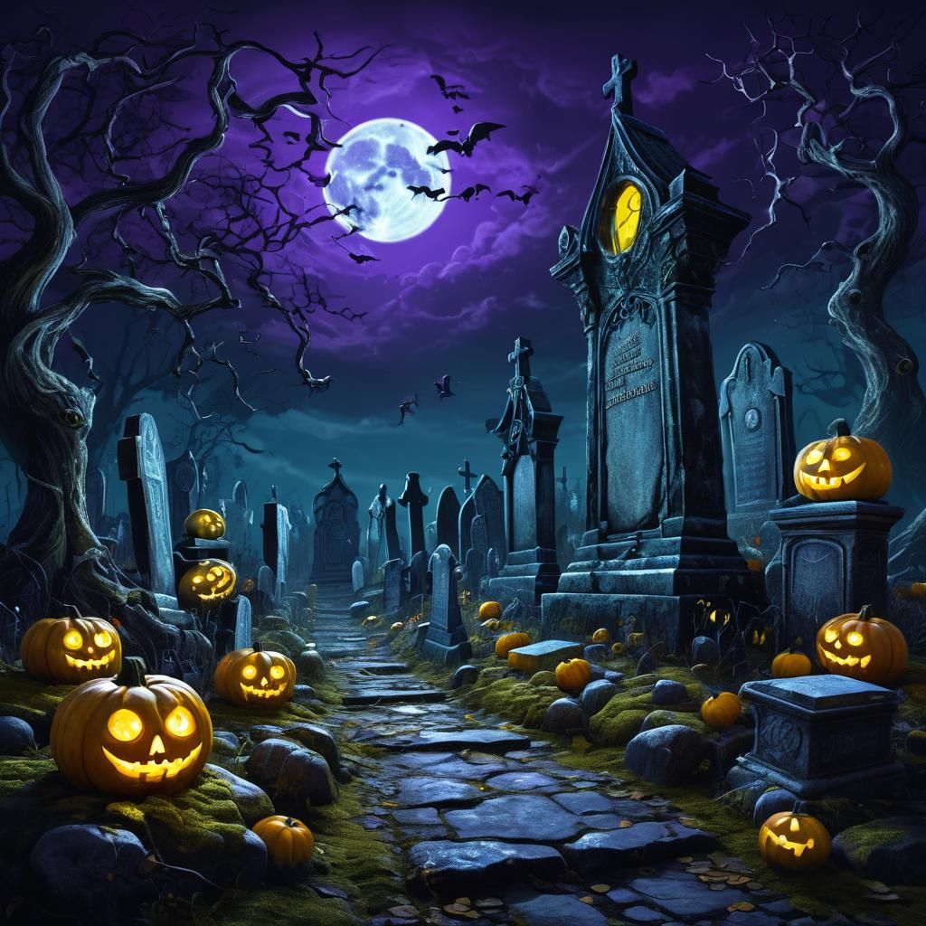 Gothic Dark Fantasy Graveyard with Skulls and Pumpkins