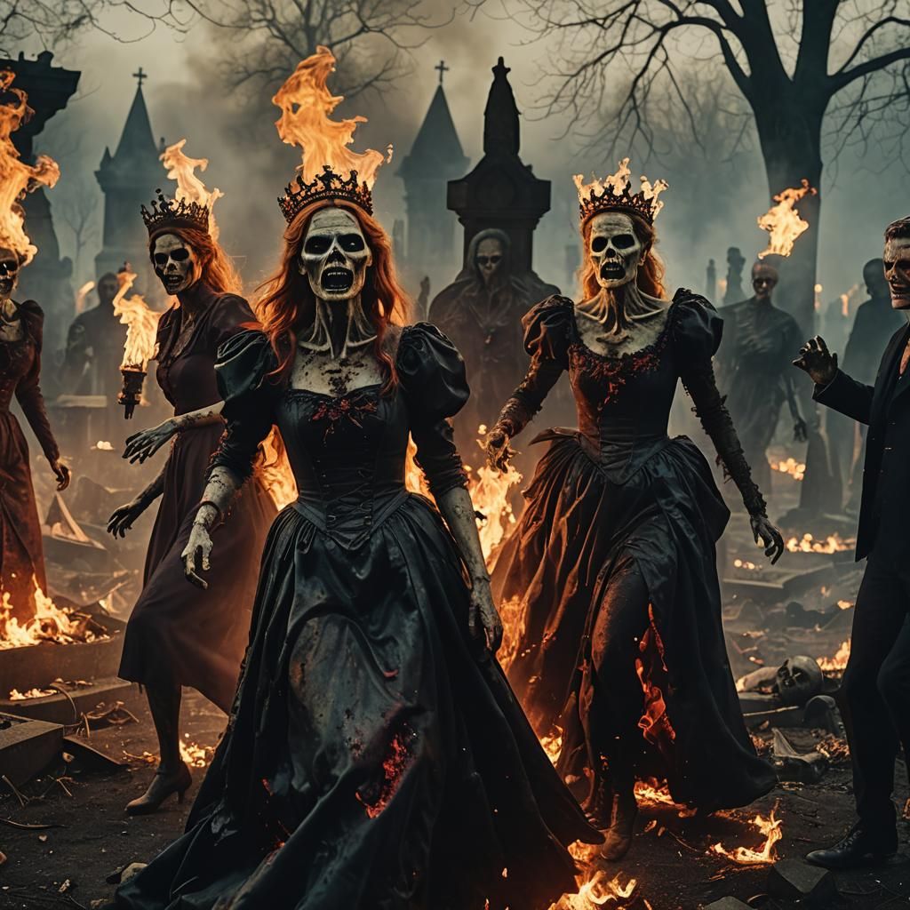 Zombie Queens Celebrate Effigy Burning: Cinematic Film Still
