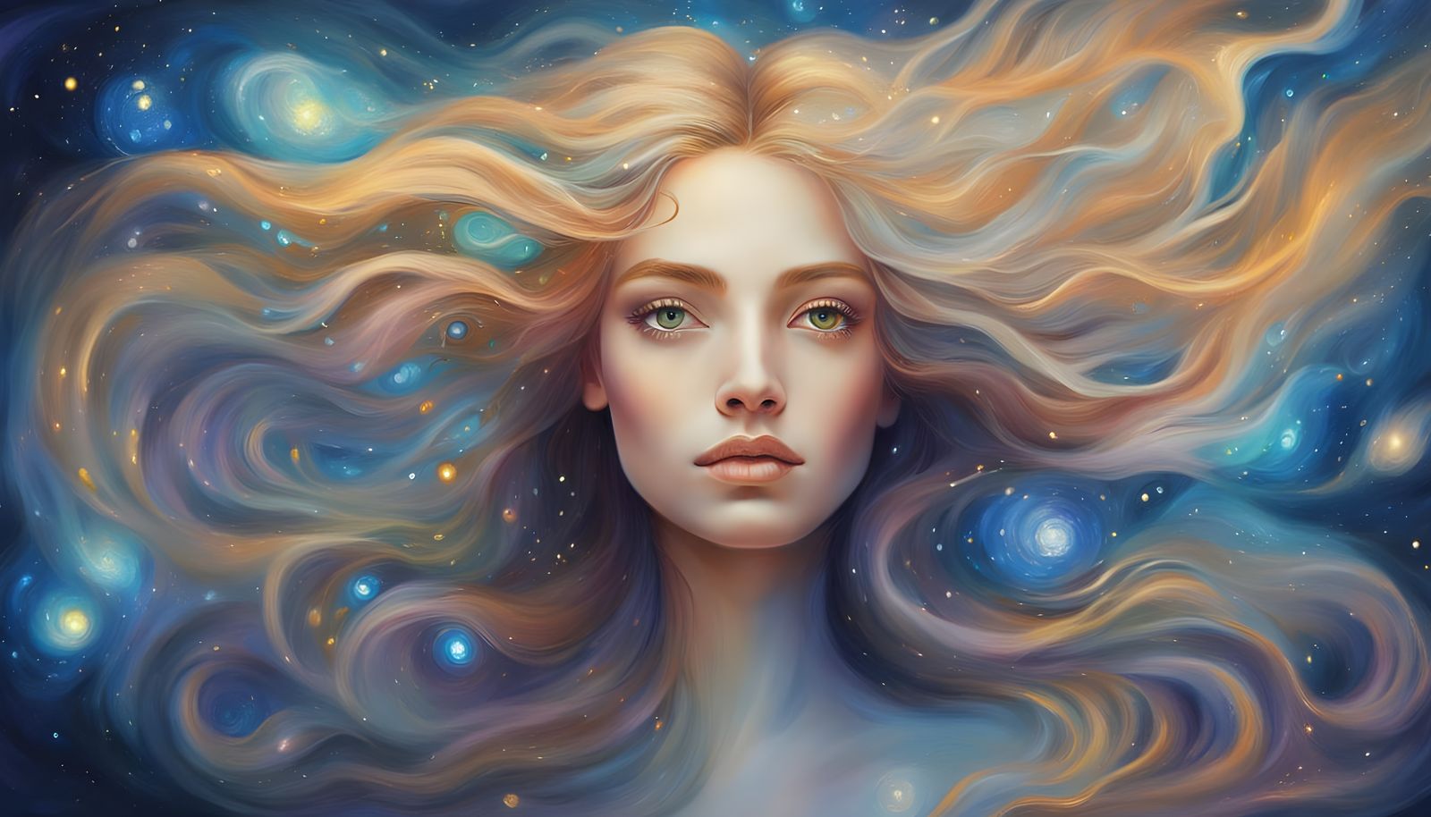 Surreal Woman with Starlight Hair in Pastel Hues