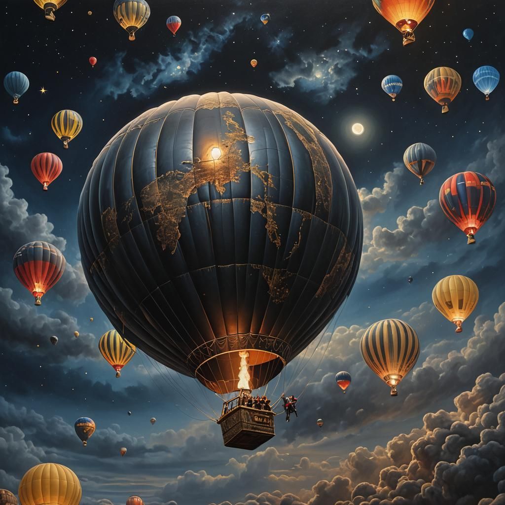Earth Hot Air Balloon at Night, Hyperrealistic Oil Painting