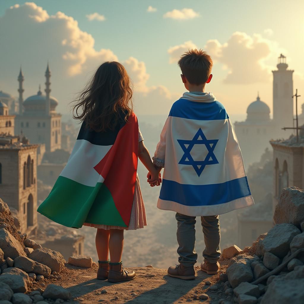 Devastated Cityscape: Children United in Somber Concept Art