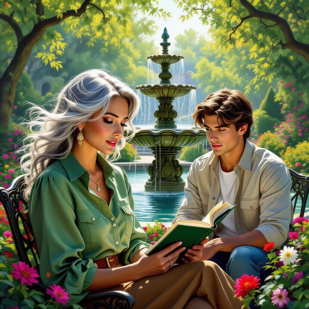 Woman Reading in Garden, Hyper-Realistic Style