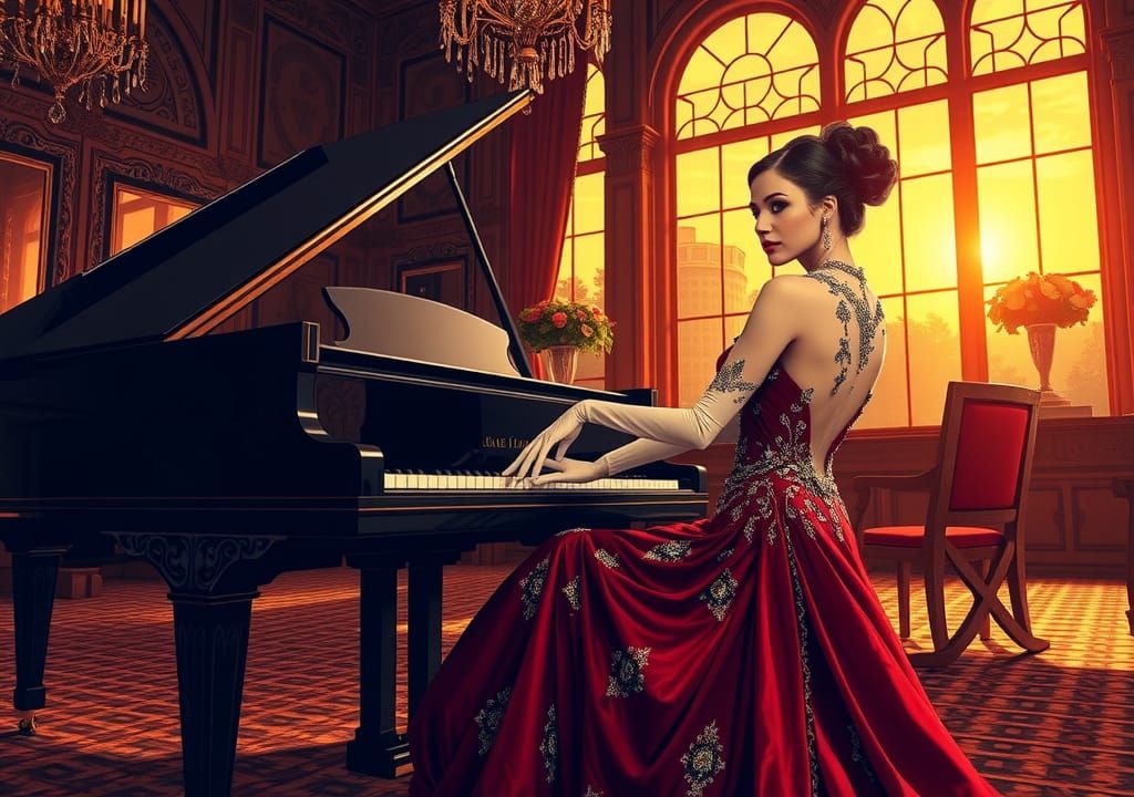 Woman at Piano in Opulent Art Deco Salon
