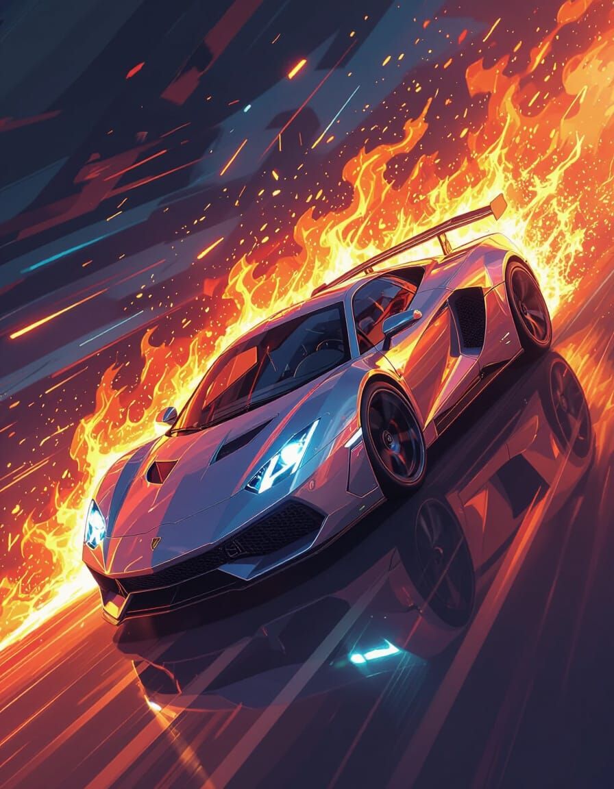 Fiery Sports Car Soaring: Digital Art