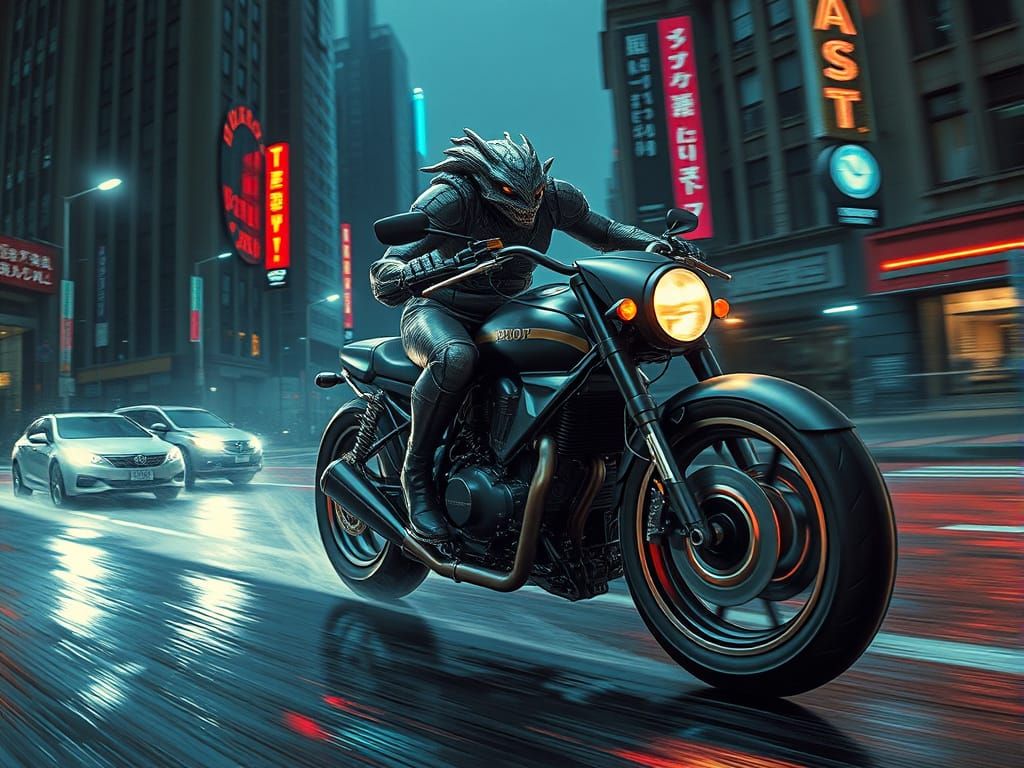 Cyberpunk Creature Rides Motorcycle Through City