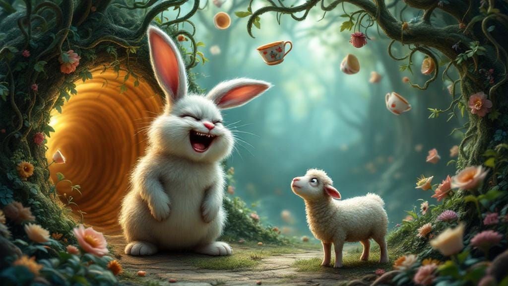 Laughing Bunny and Sheep in Surreal Wonderland