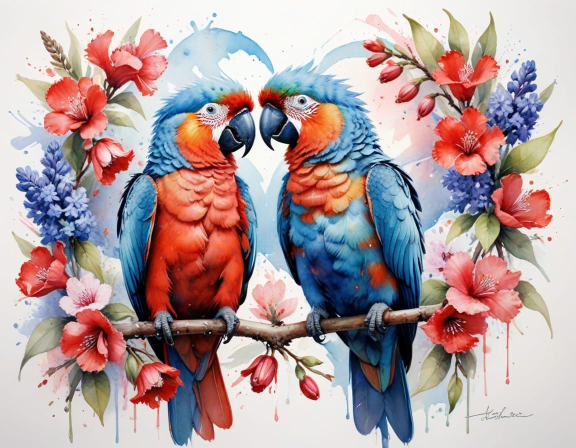 Loving Parrots Create Heart Shape, Watercolor Art
