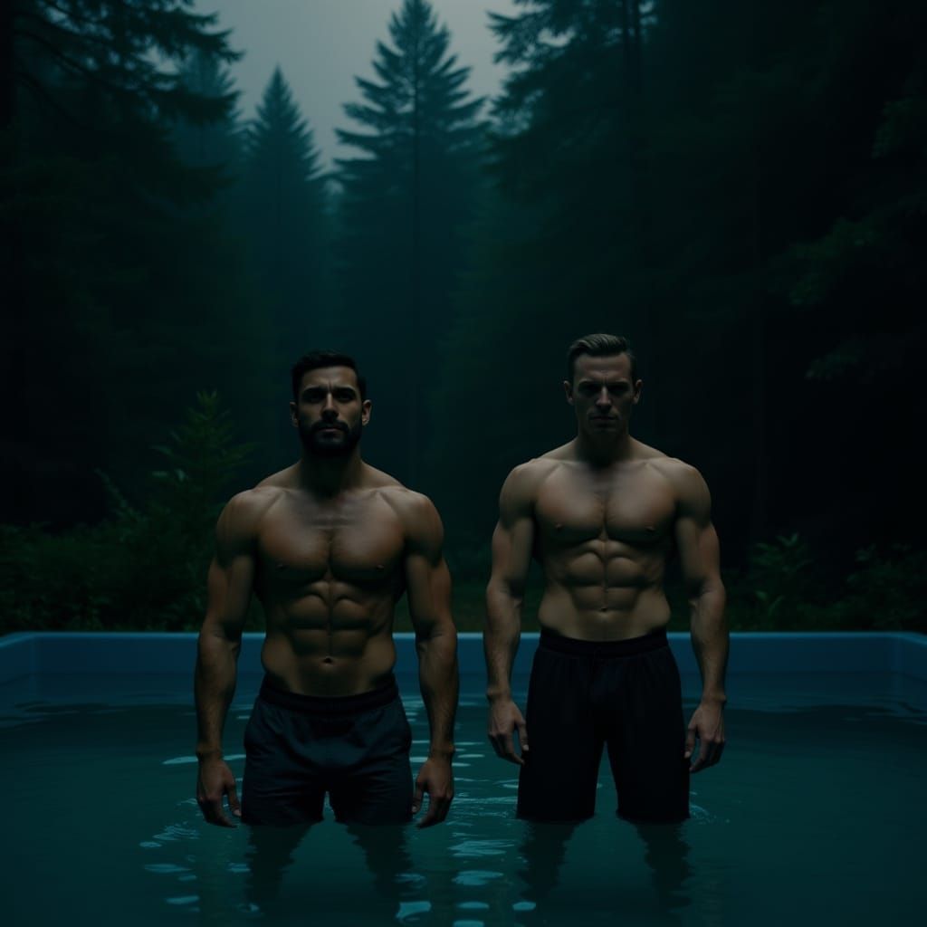 Muscular Men Spooning in Misty Forest: Cinematic Still