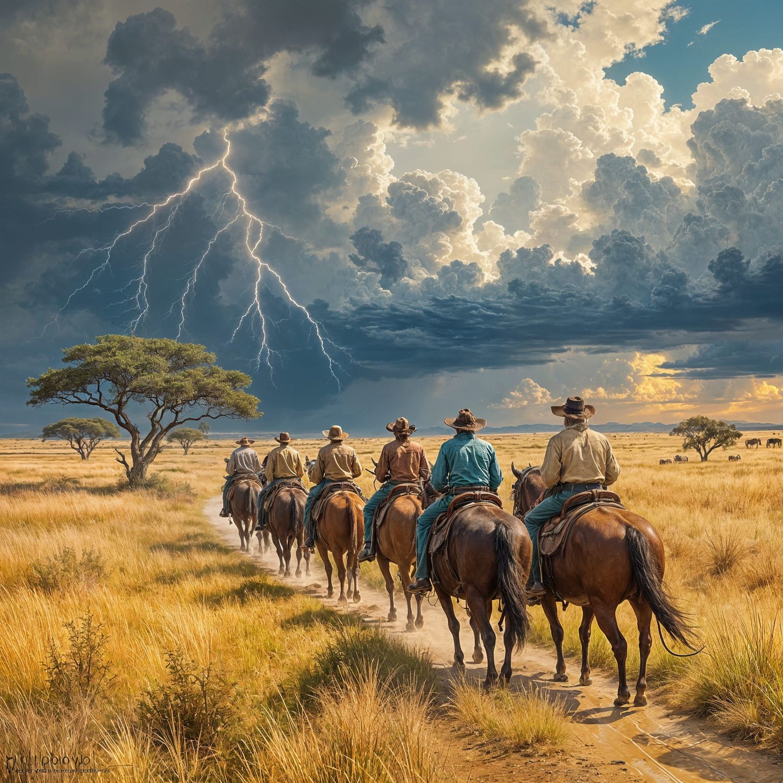 Cattle Drive on Golden Savanna Under Stormy Sky