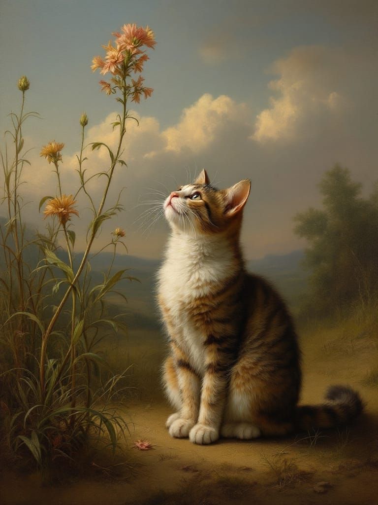 Adorable Cat Under Tall Flower in Golden Hour Light