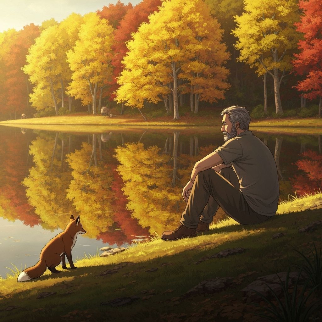 Italian Man Watches Fox by Autumn Lake