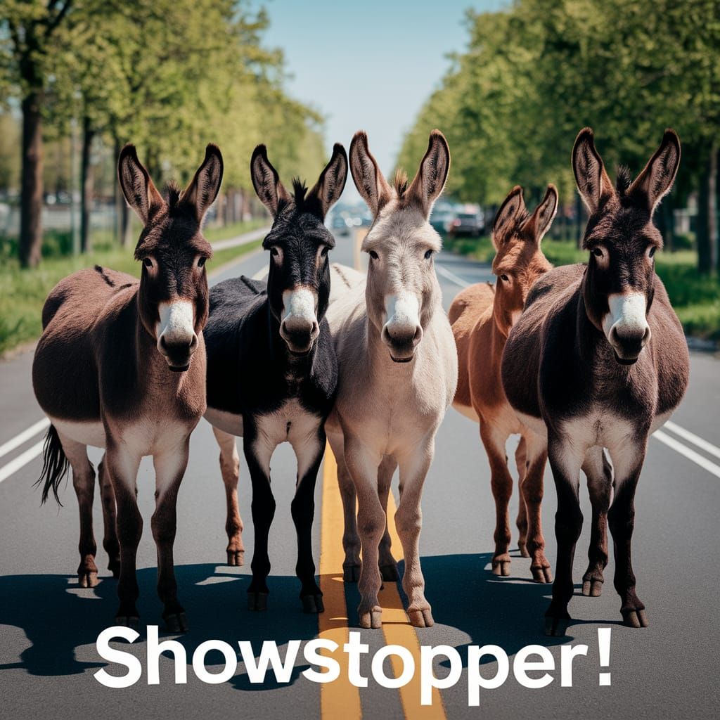 A caption reads "Showstopper!" A group of donkeys in a line ...