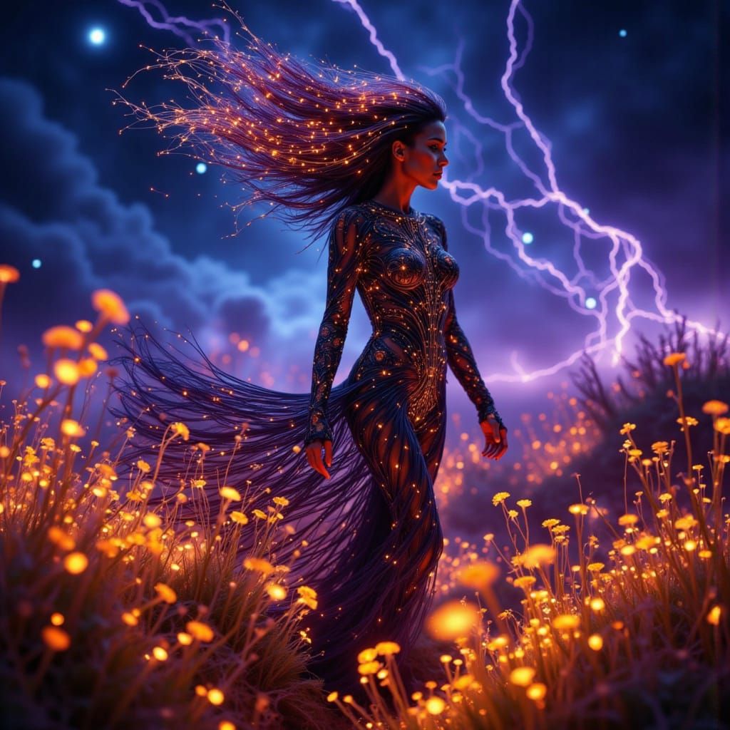 A Woman Radiates Light in a Field of Bioluminescent Flowers ...