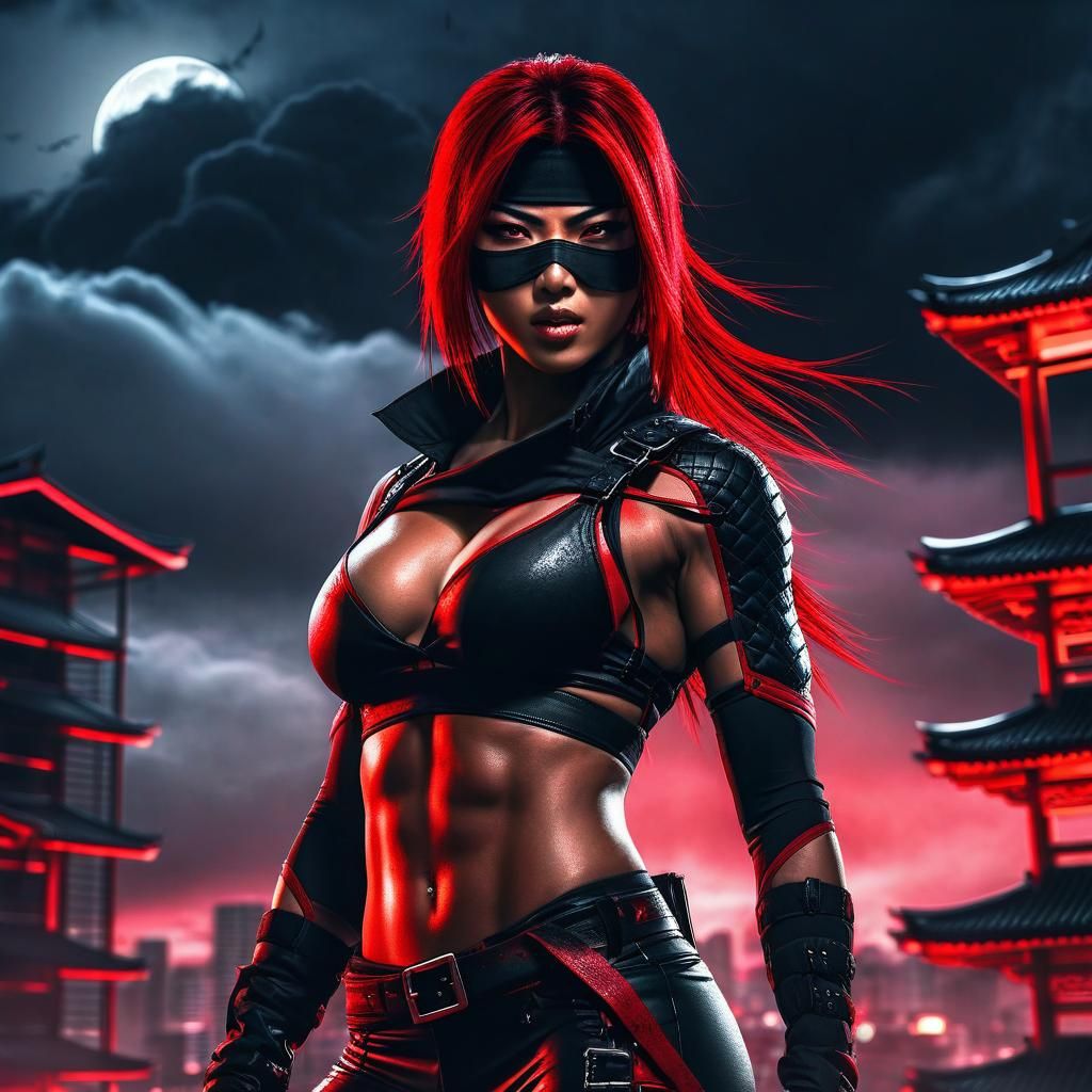 Cyberpunk Ninja Assassin in Red and Black Outfit