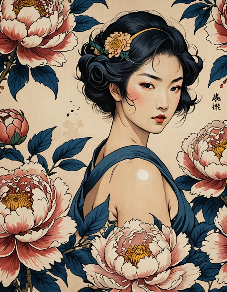 Thunder God with Peony Tattoo in Ukiyo-e Style