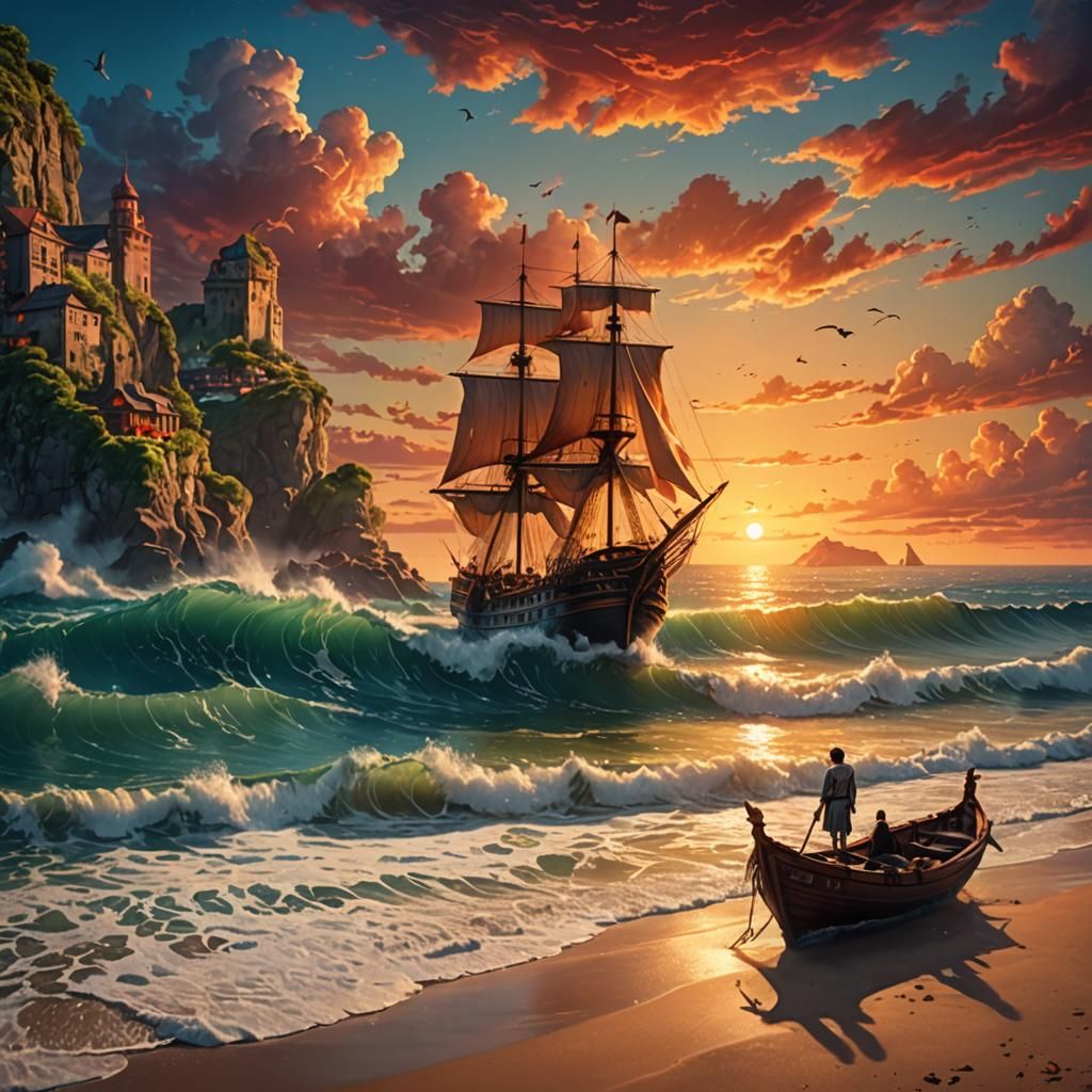 Epic Sunset Scene with Ship and Mermaids